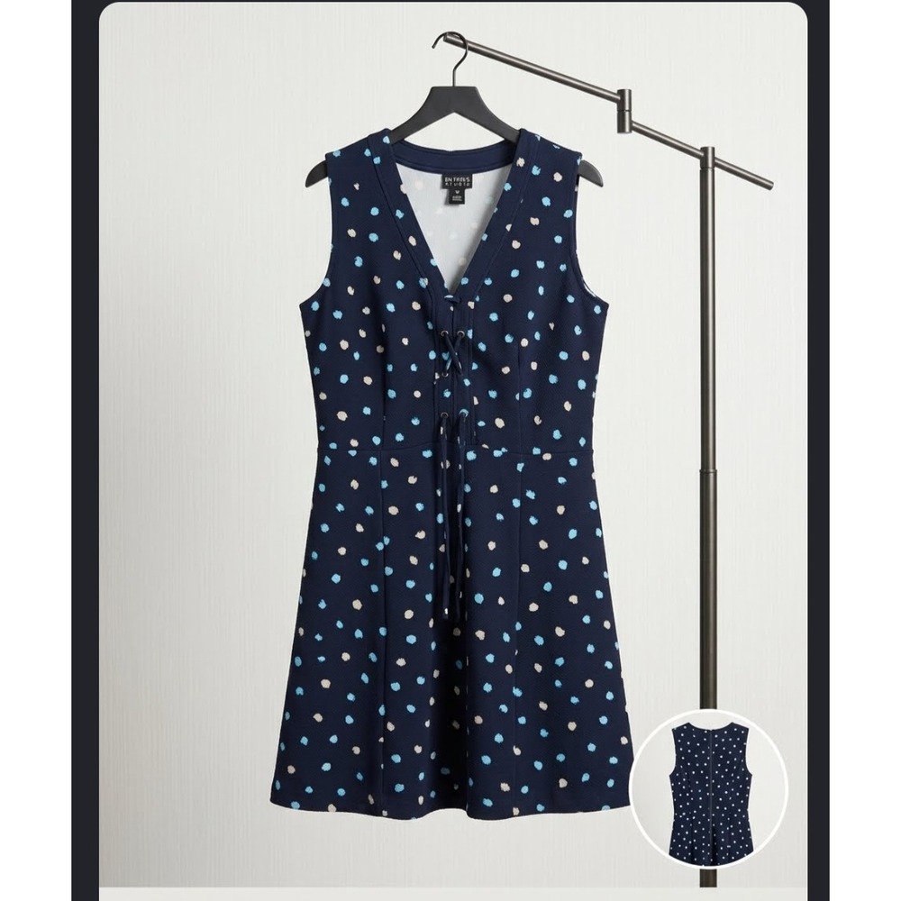 Enfocus Studio Navy Blue Polka Dot Lace Up Front Fit and Flare Dress Size 12